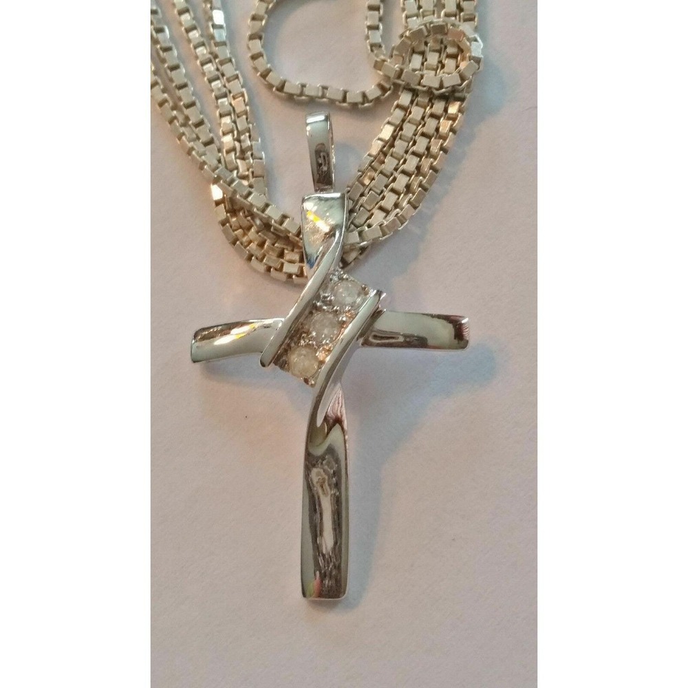 0.10ct Diamond Shared Heart Cross Pendant Necklace Sterling Silver 29" Chain
